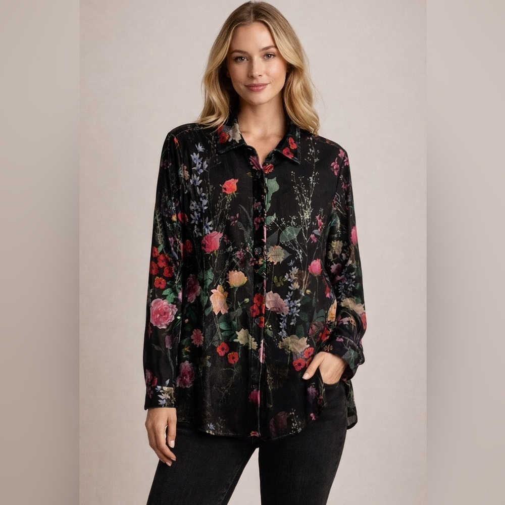 Soft surroundings boyfriend tunic shirt velvet button up floral Medium Petite
